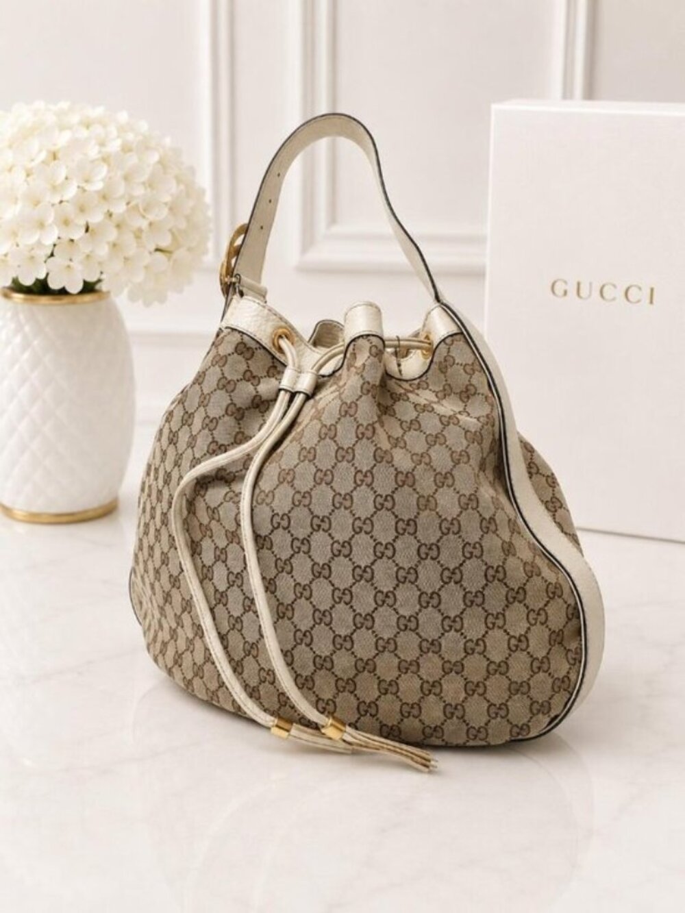 Authentic Gucci GG Canvas Drawstring Hobo Shoulder Bag